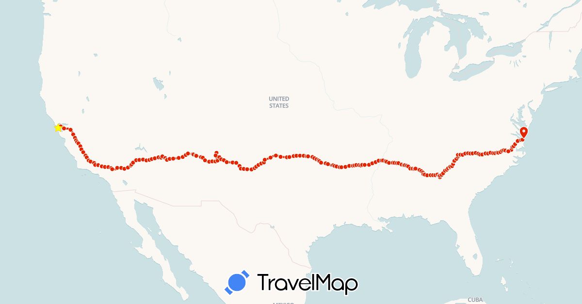 TravelMap itinerary: train, walking in United States (North America)